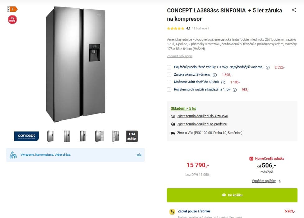 Americká lednice Concept, voda, A+, menší