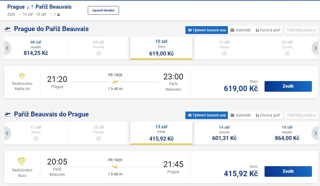 Zpáteční letenky Praha - Paříž