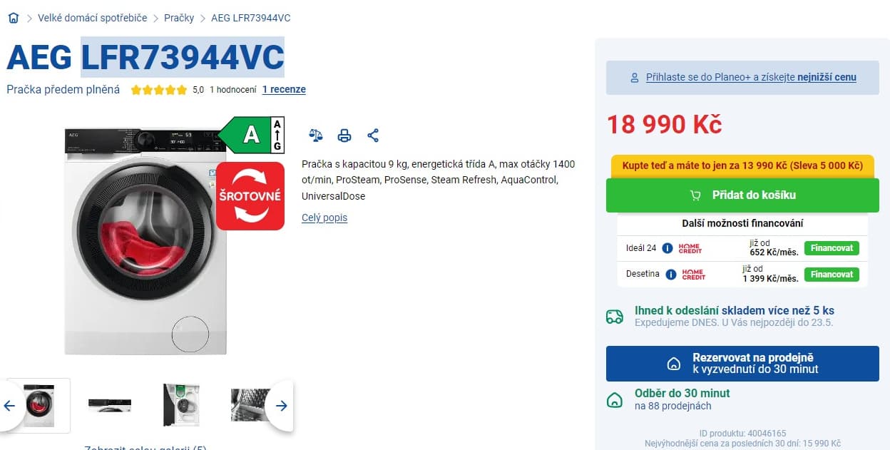Parní pračka AEG 9kg, 1400ot., A, technologie