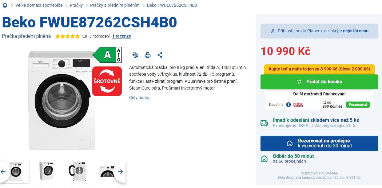 Parní pračka Beko 8kg, 1400ot., A