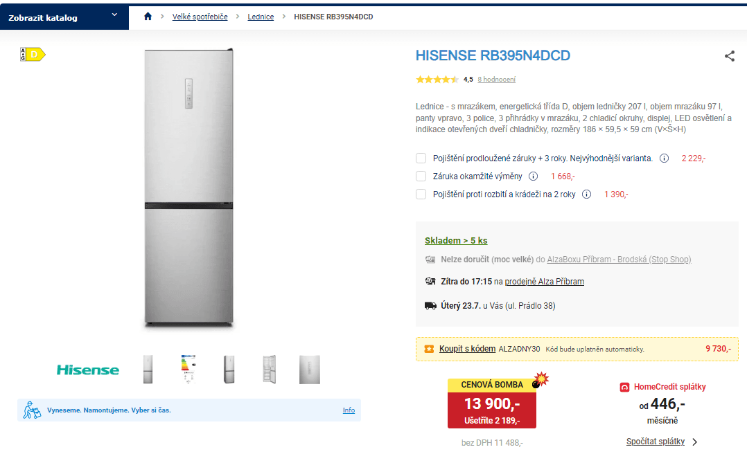 Komb. lednice Hisense, 207/97 l, 186 cm