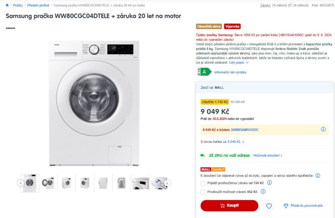 Pračka Samsung, A, 8 kg, 1400 ot/min
