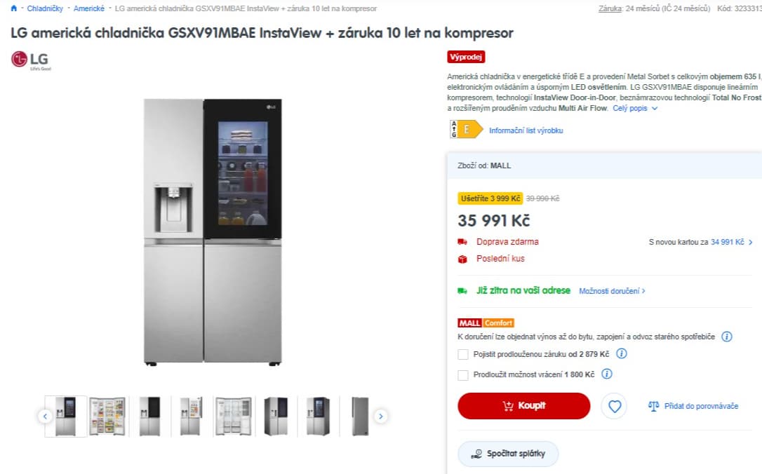 Americká lednice LG, Instaview, UV, 179cm