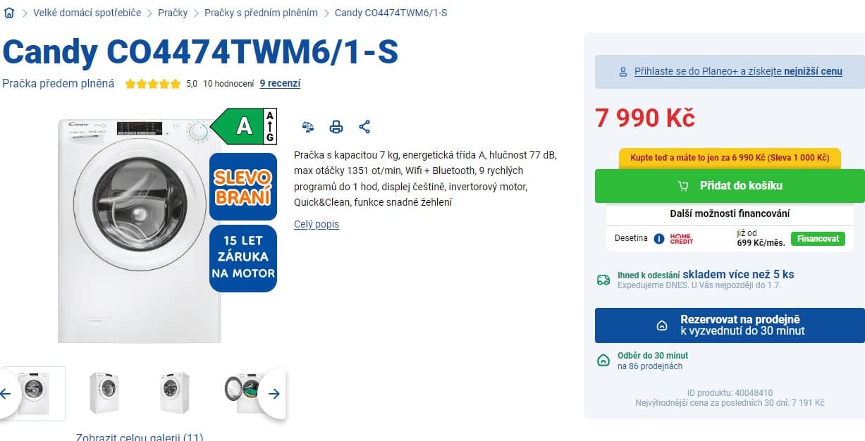 Pračka Candy 7kg, 1400ot., Wifi, 45cm