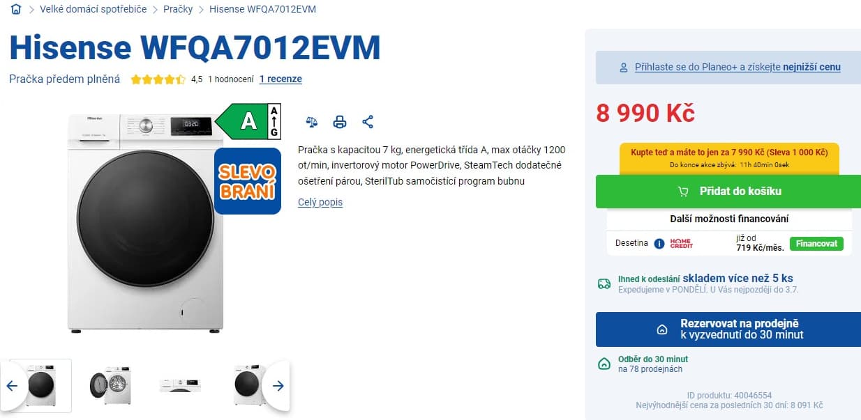 Parní pračka Hisense 7kg, 1200 ot., A