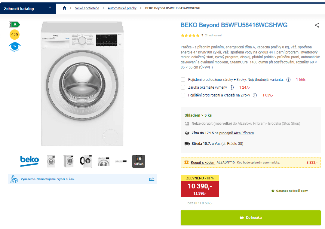 Parní pračka Beko, 1400 ot/min, 8 kg, A