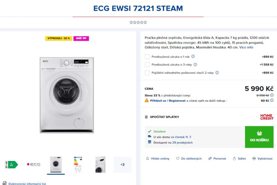 Parní pračka ECG 7kg, 1200ot., A, 