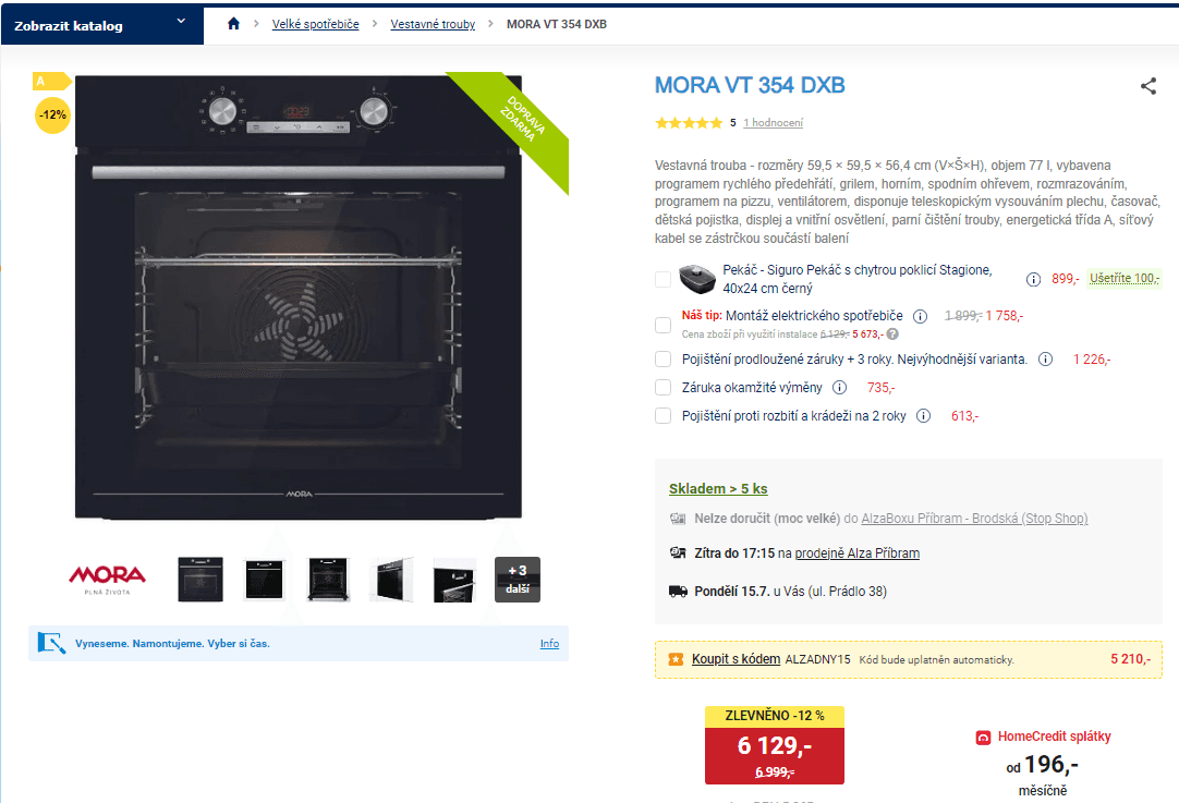 Vestavná trouba Mora, objem 77 l, gril