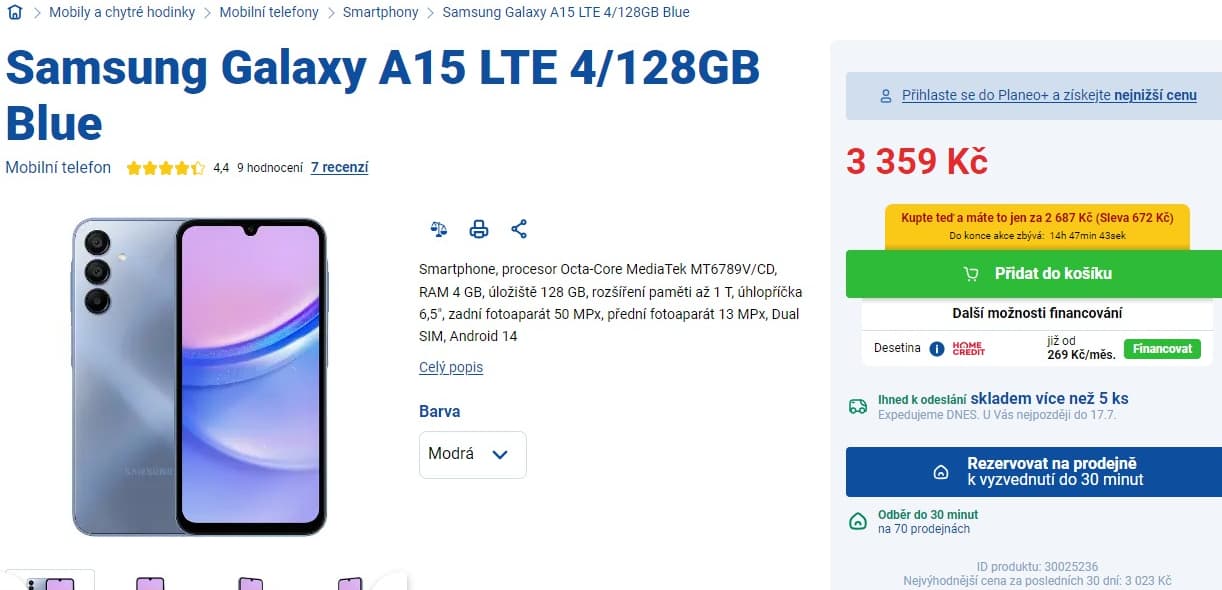 Samsung A15 8x 2,2GHz, 4GB RAM, 6,5"