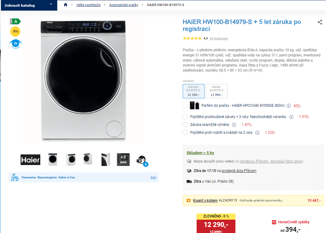 Parní pračka Haier, 10 kg, 1400 ot/min