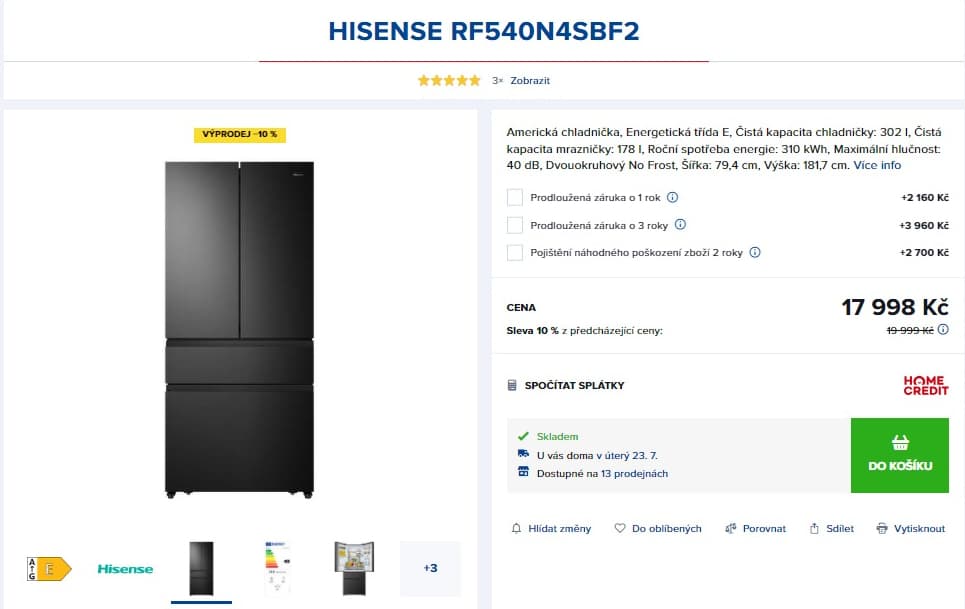 Americká lednice Hisense, total no frost, 182cm