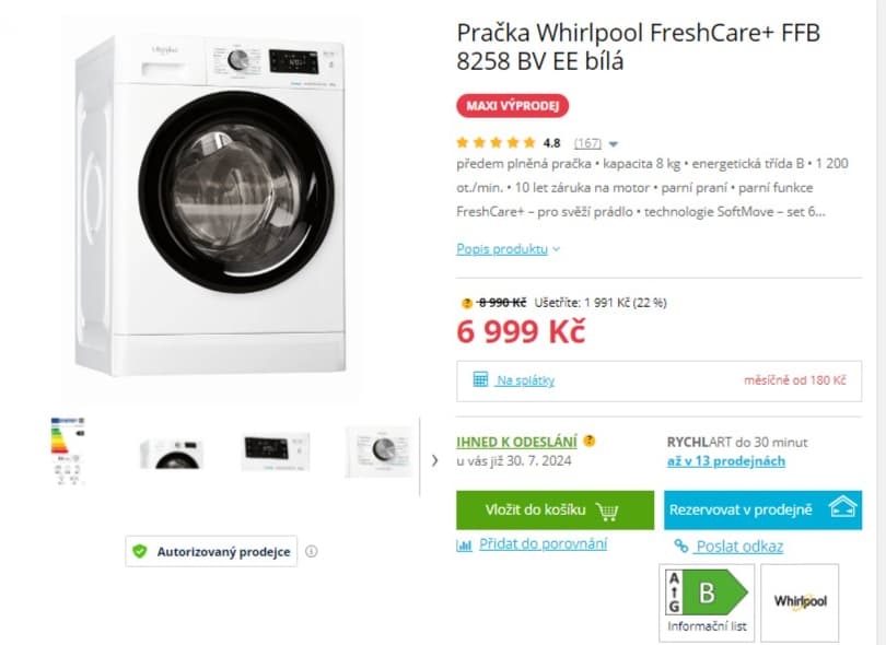 Parní pračka Whirlpool 8kg, 1200ot, B