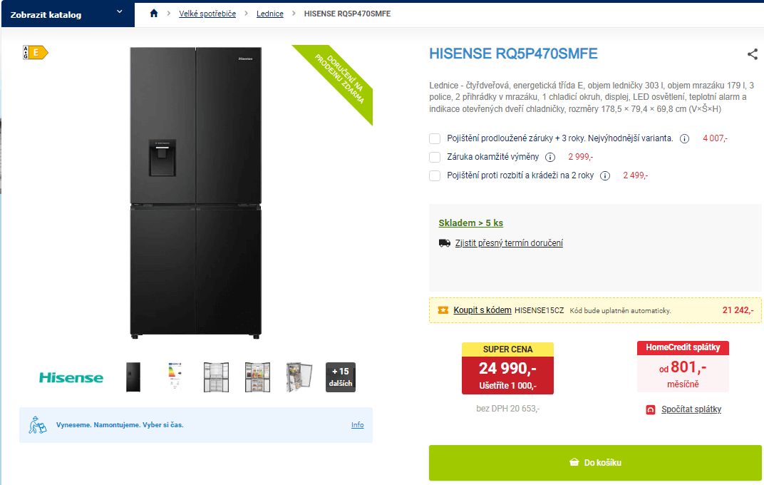 Čtyřdveřová komb. lednice Hisense, 303/179l