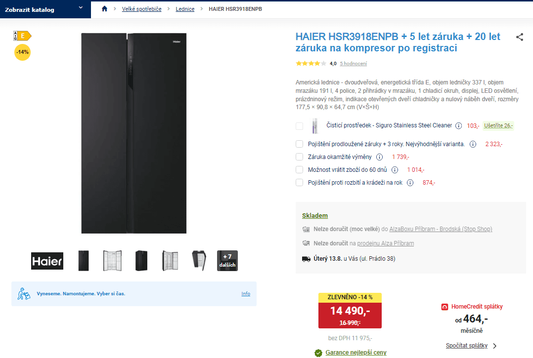 Americká lednice Haier, 337/191l, led