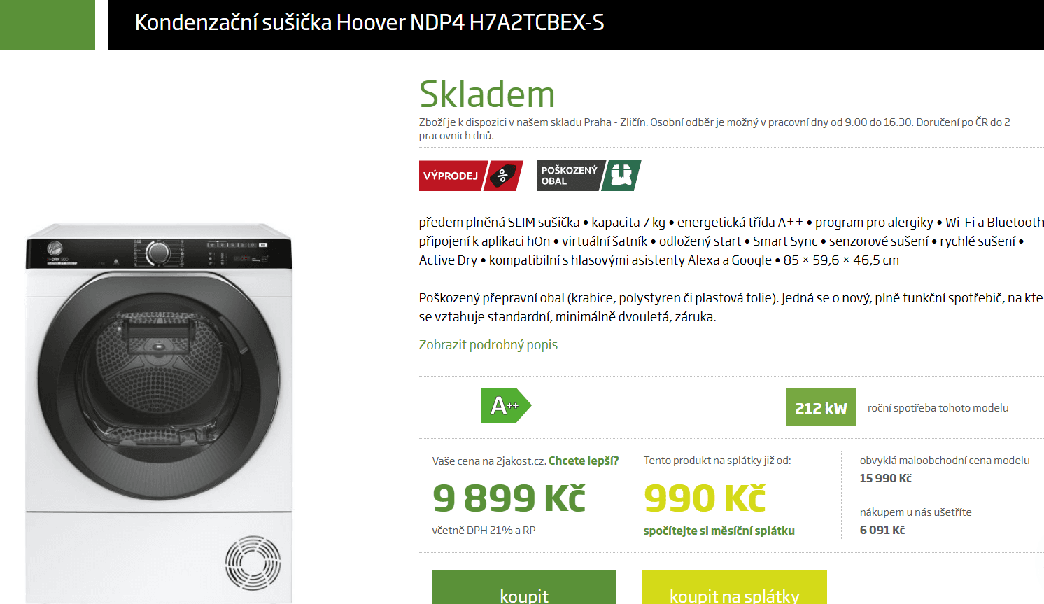 Kond. sušička prádla Hoover, A++, 7 kg