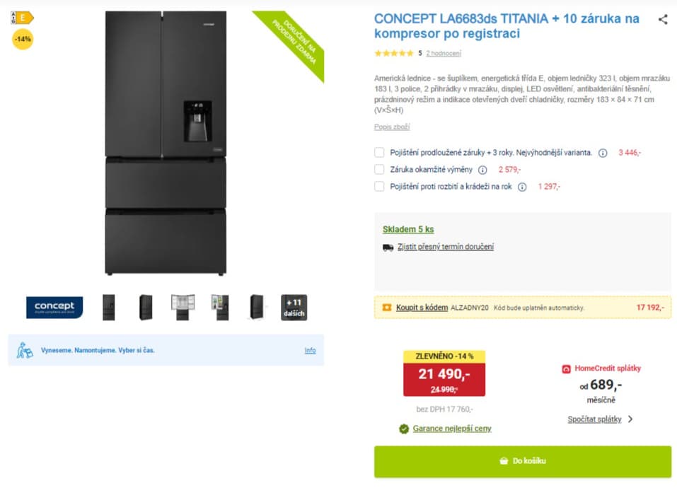 Americká lednice Concept, voda, 183cm
