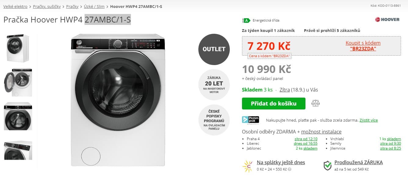 Parní pračka Hoover 7 kg, 1100ot. Wifi, BT, 45cm
