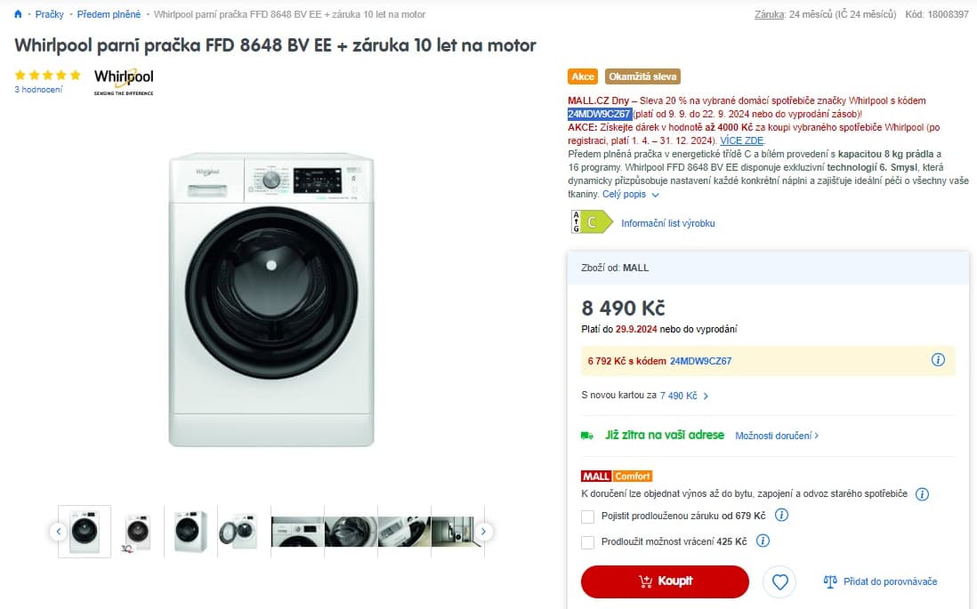Parní pračka Whirlpool 8kg, 1600ot., C