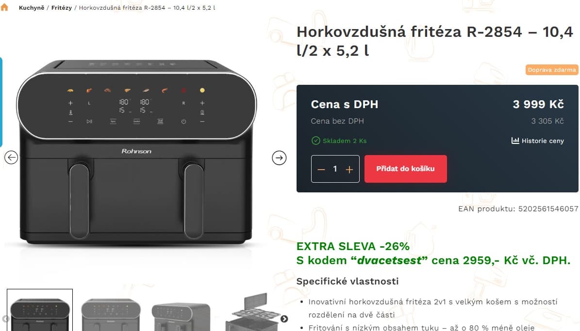 Dual horkovzdušná fritéza Rohnson 10,4 litru