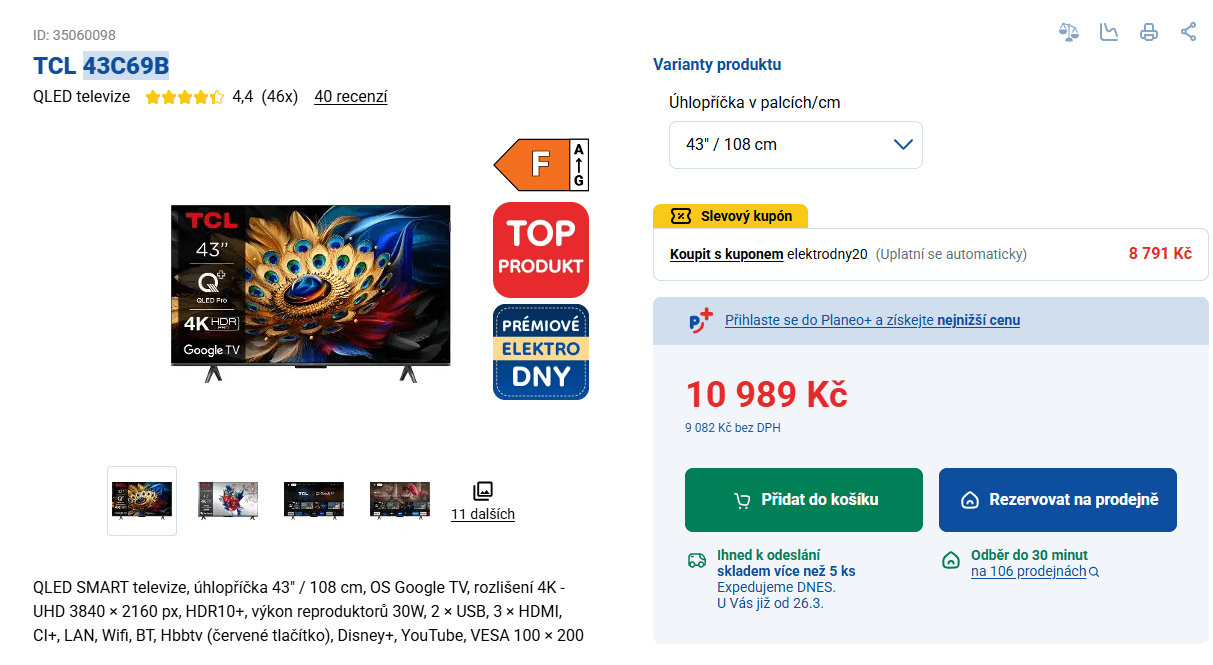 QLED SMART TV TCL, 43"/108 cm