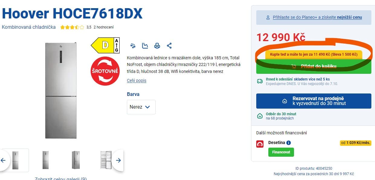 Komb. lednice Hoover, 222/119 l, 185 cm