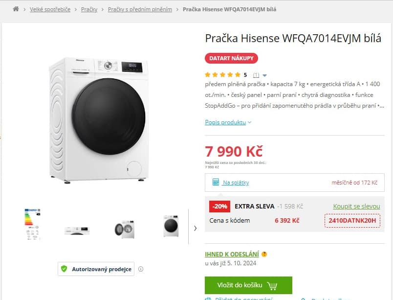 Parní pračka Hisense 7kg, 1400ot., A