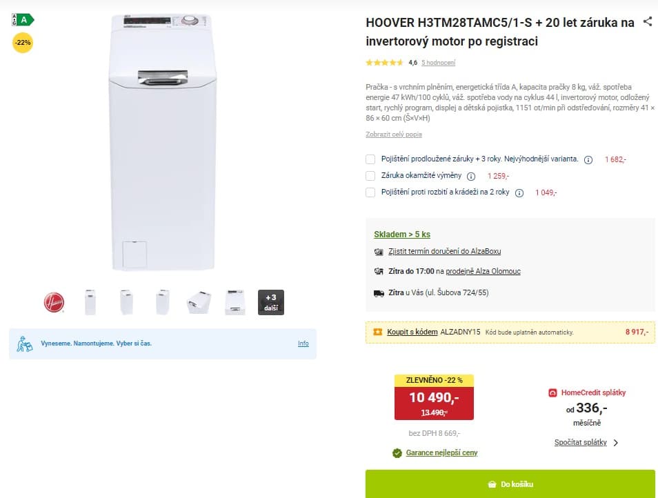 Pračka Hoover 8kg, 1100ot., NFC, A