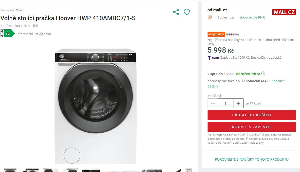 Pračka Hoover 10kg, 1400ot., A, Wifi