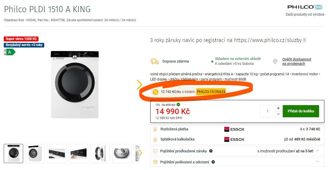 Pračka Philco, A, 10 kg, 1500ot/min