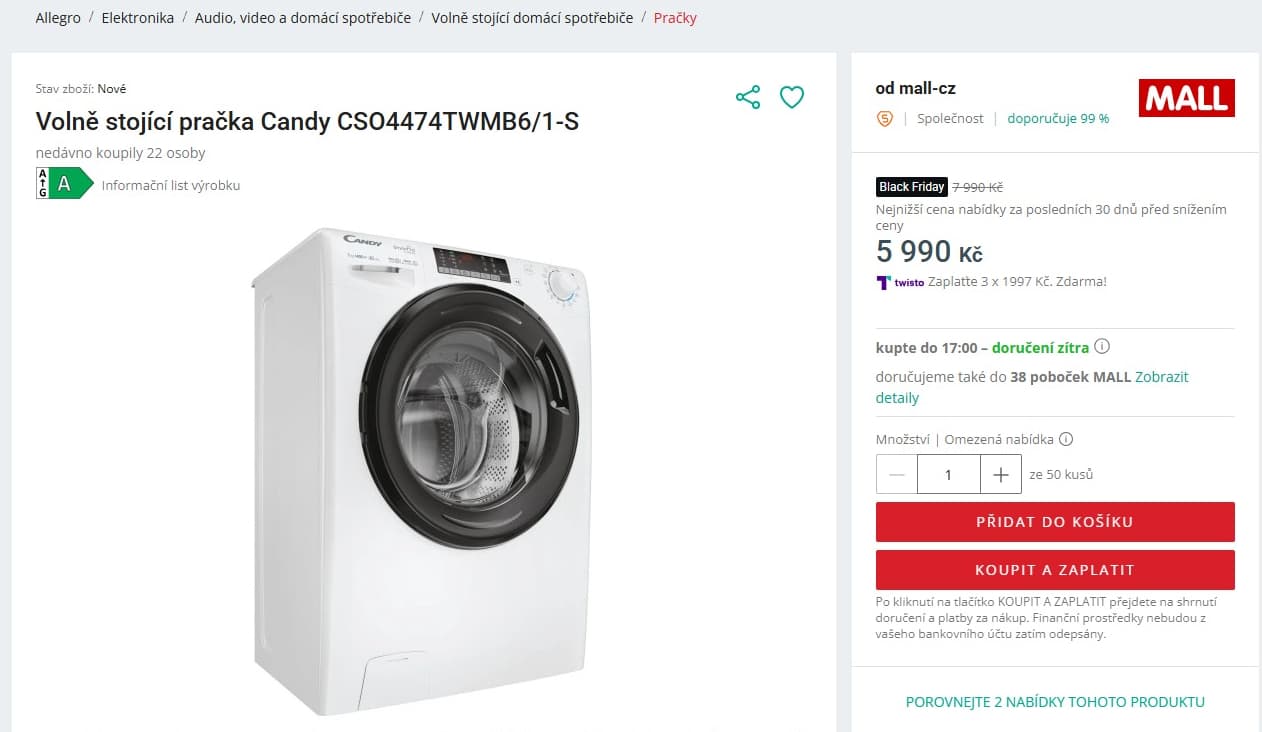 Pračka Candy, 7 kg, 1400ot, Slim, Wifi, BT