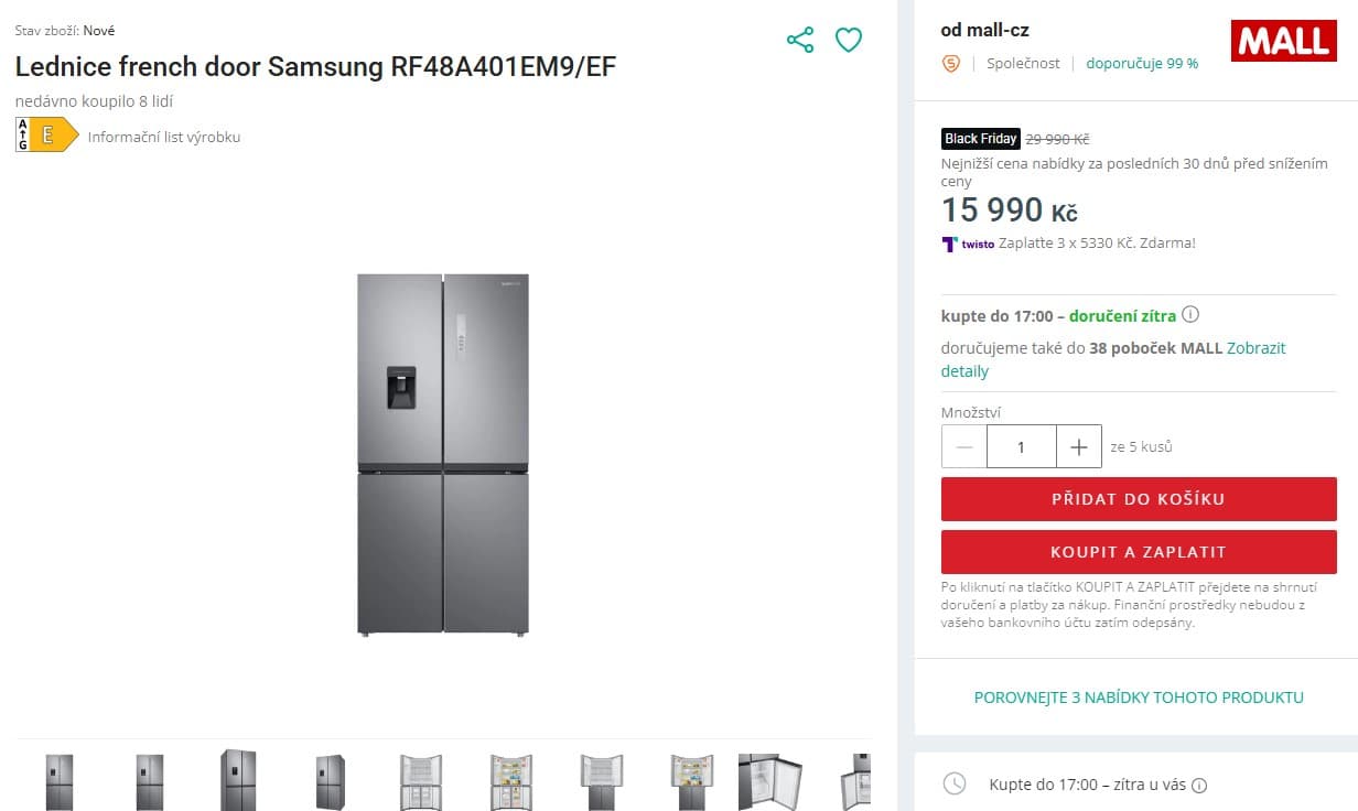 Americká lednice Samsung, 329/159 l, voda, led