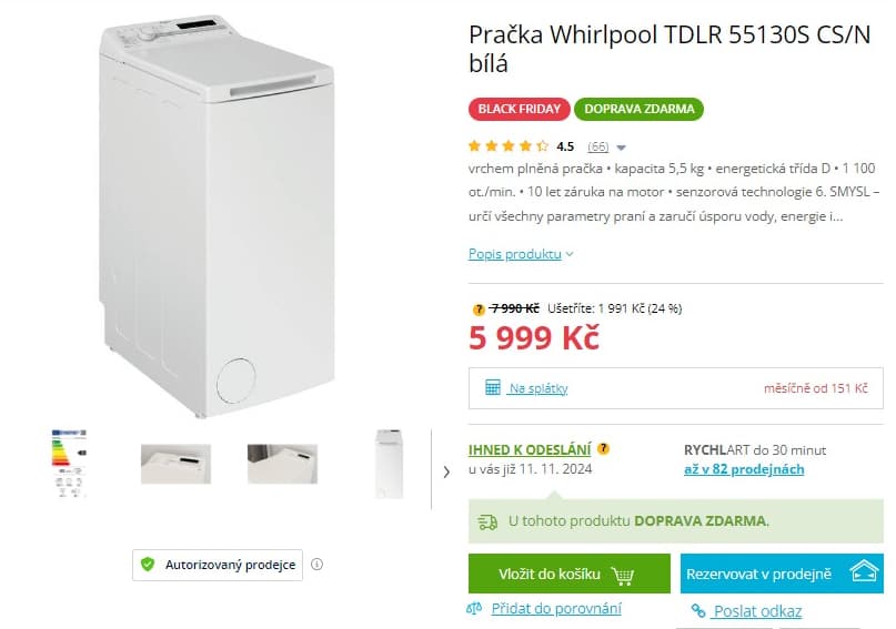 Pračka Whirlpool 5,5kg, 1000ot.