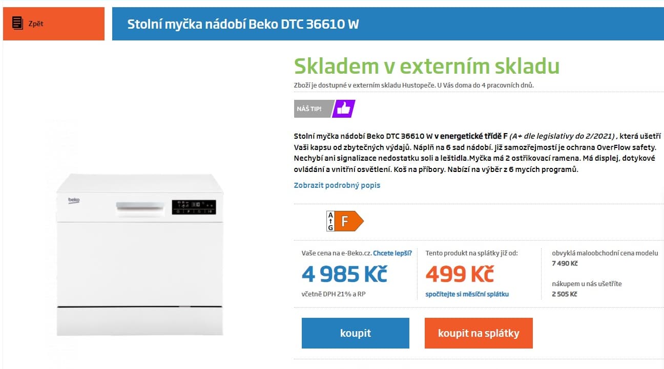 Mini myčka Beko 6 sad, 6,5l., 44x55x50cm