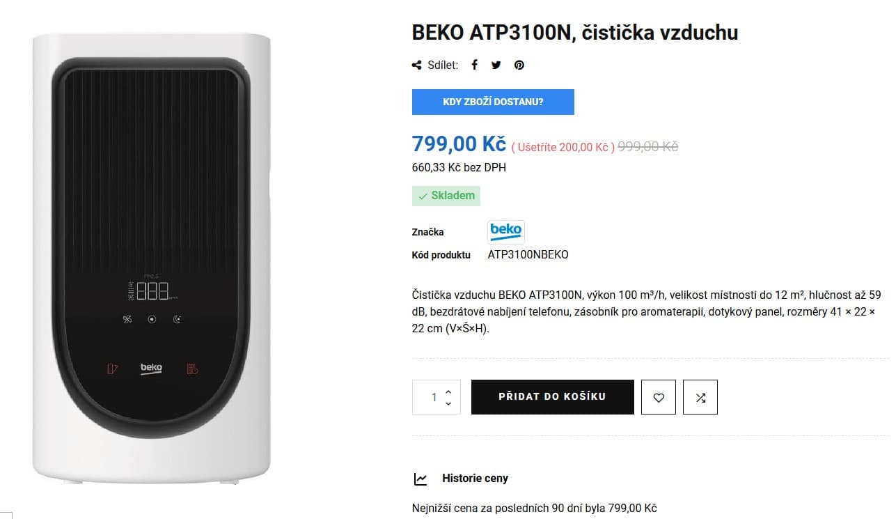 Čistička vzduchu Beko, HEPA13 