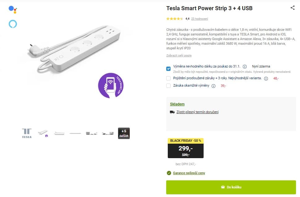 Chytrá 3x zásuvka/prodlužka, USB-A, Wifi
