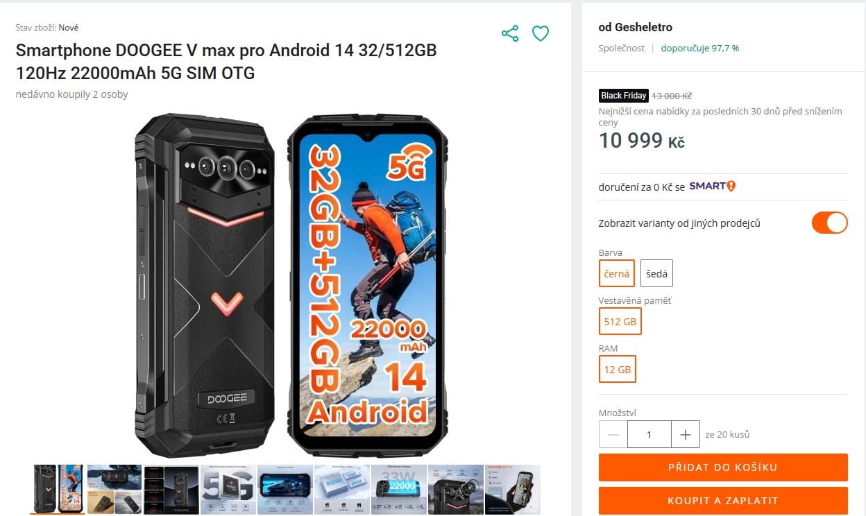 Odolný Doogee 8x 2,6GHz, 12GB RAM, 6,58"