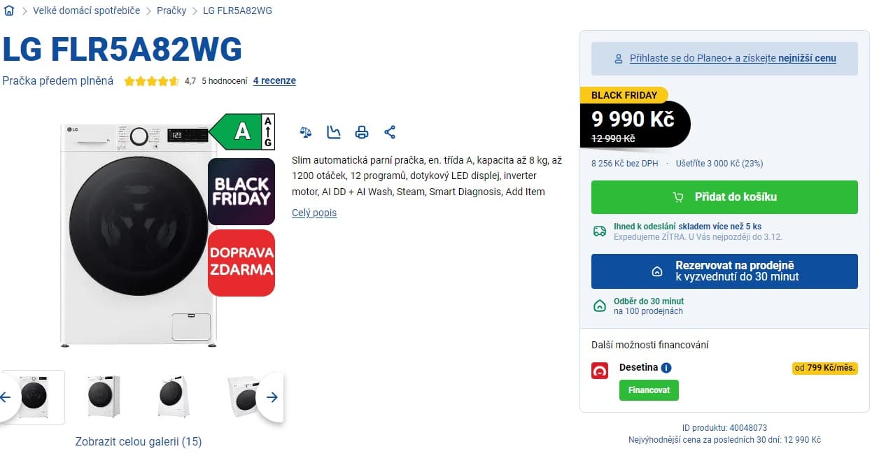 Slim parní pračka LG 8kg, 1200ot., A