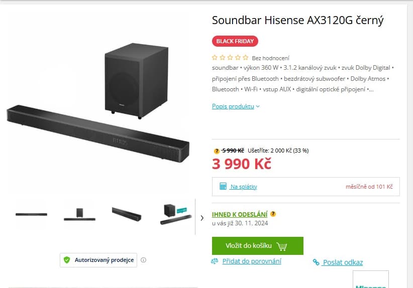 Soundbar 3.1.2 Hisense 360W, Atmos, subwoofer