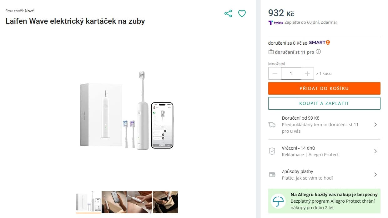 Sonický el. kartáček Laifen, BT, 30 dnů
