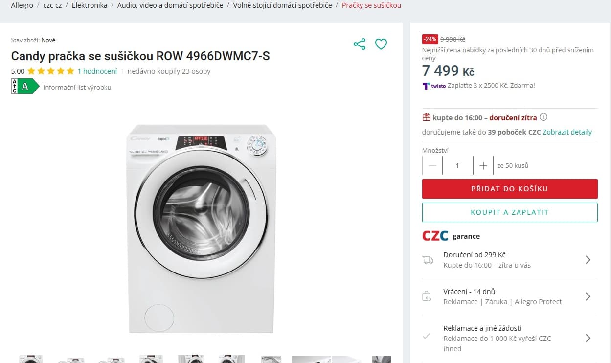 Pračka/Sušička Candy 9/6kg, 1400, BT, Wifi