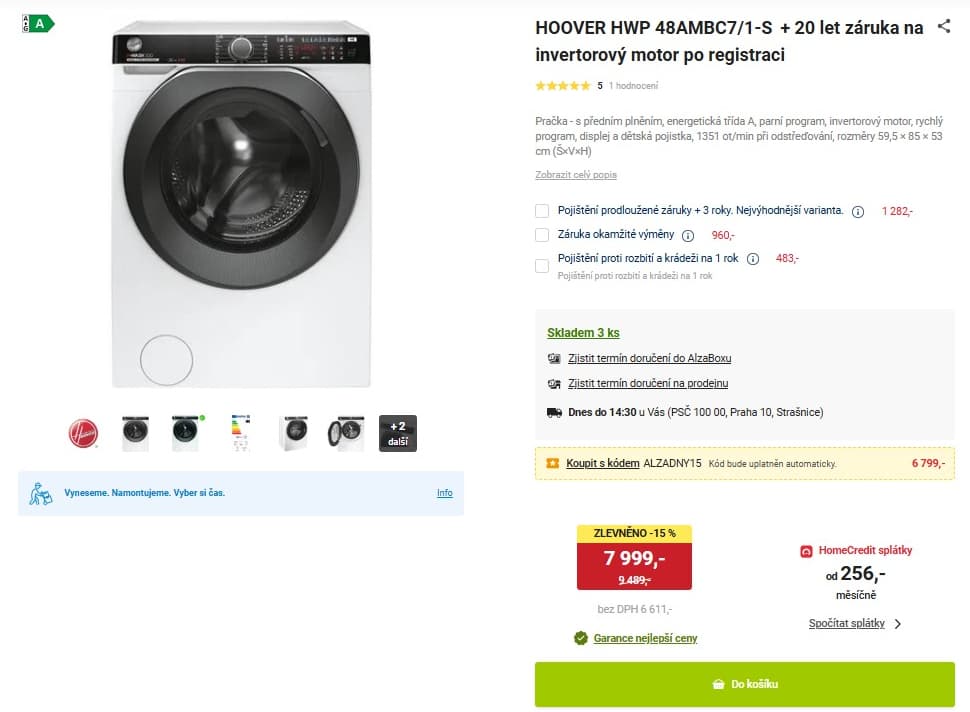 Parní pračka Hoover 8kg, 1400ot., BT, Wifi