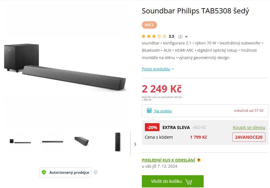Soundbar Philips 2.1, 70W, subwoofer