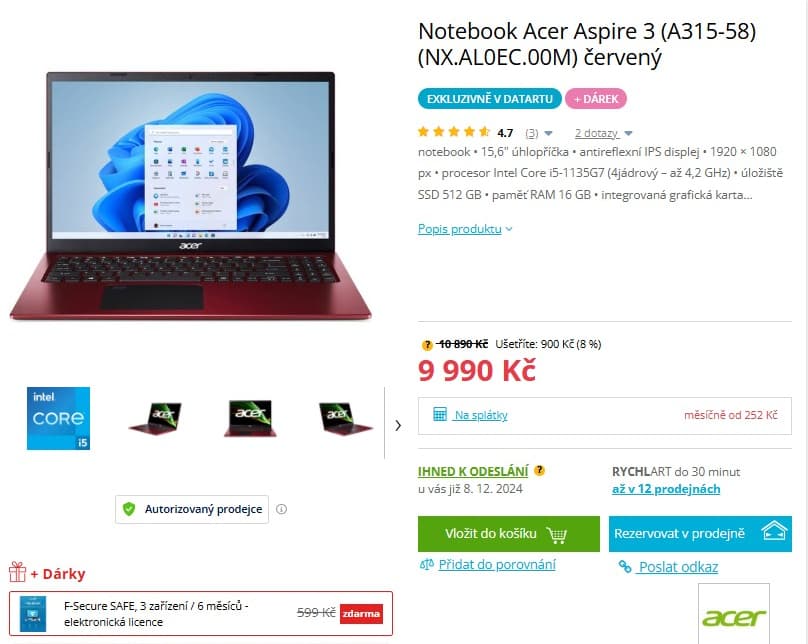 Acer i5 4,2GHz, 16GB RAM, 15,6", SSD, 1,7kg