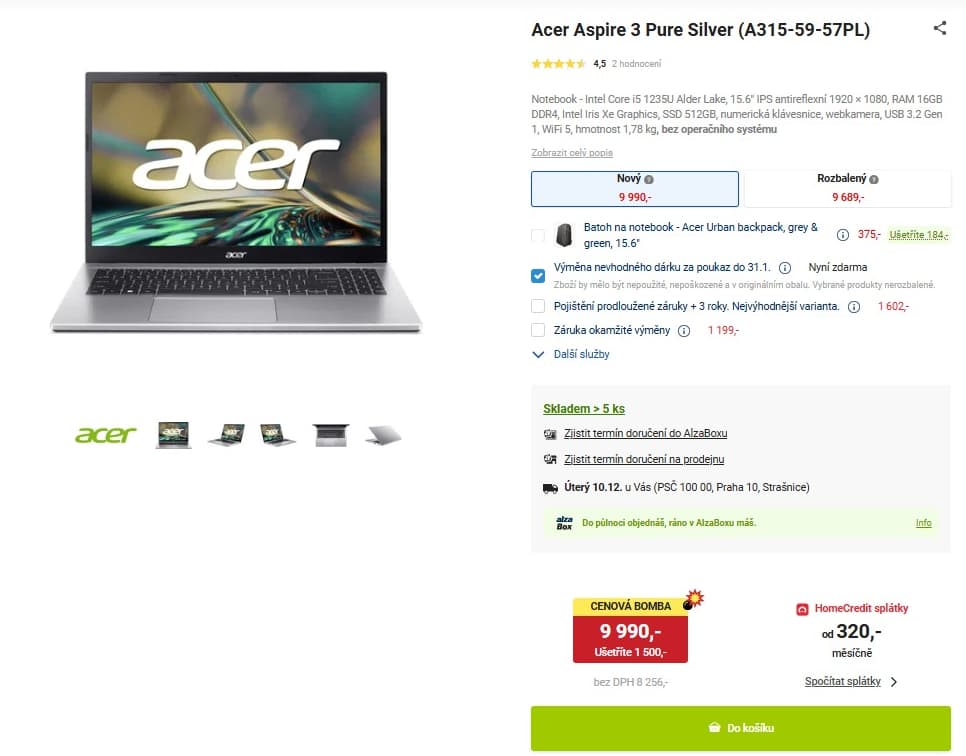 Acer i5 4,4GHz, 16GB RAM, SSD, 15,6", 1,78kg