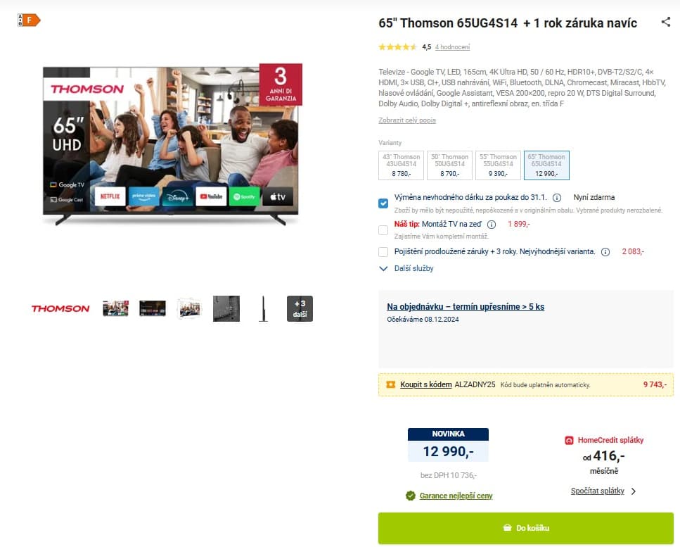 4K Google TV, 165cm, Thomson