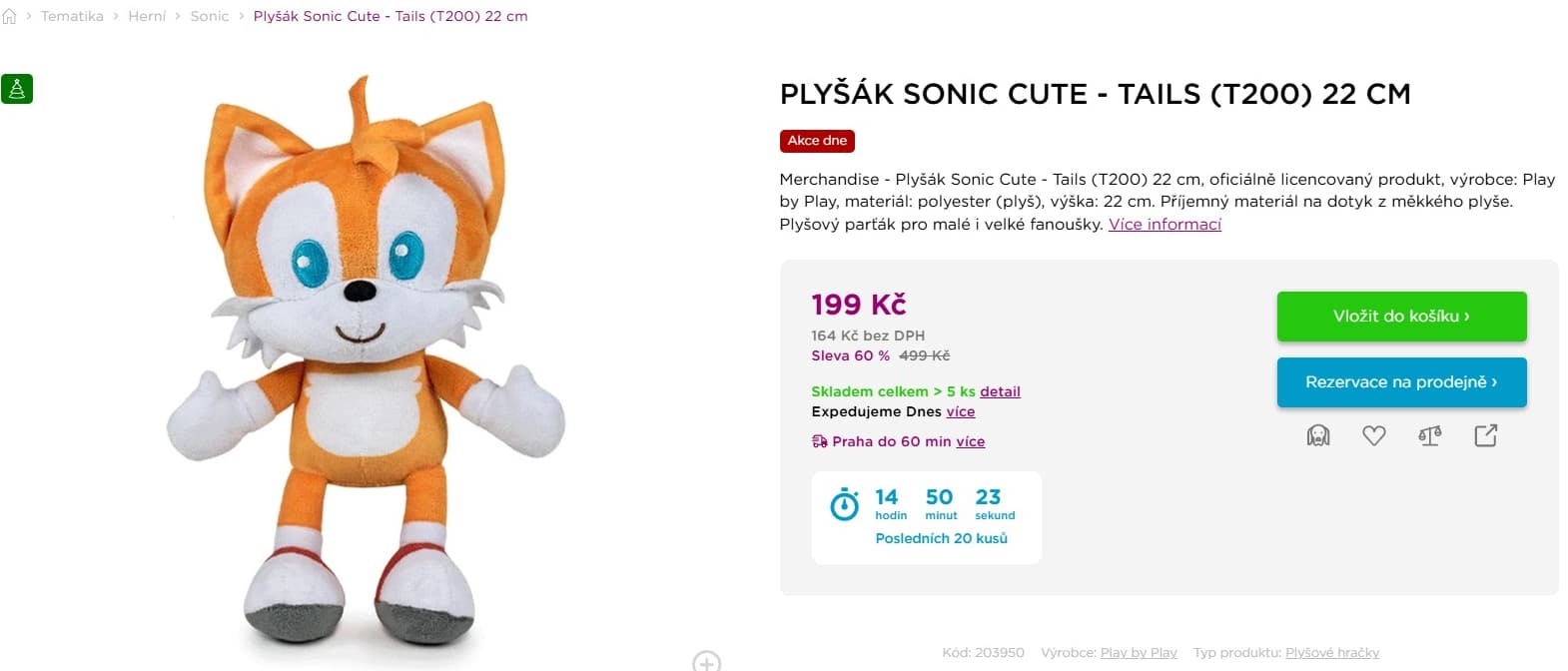 Plyšák Sonic Cute - Tails 22cm