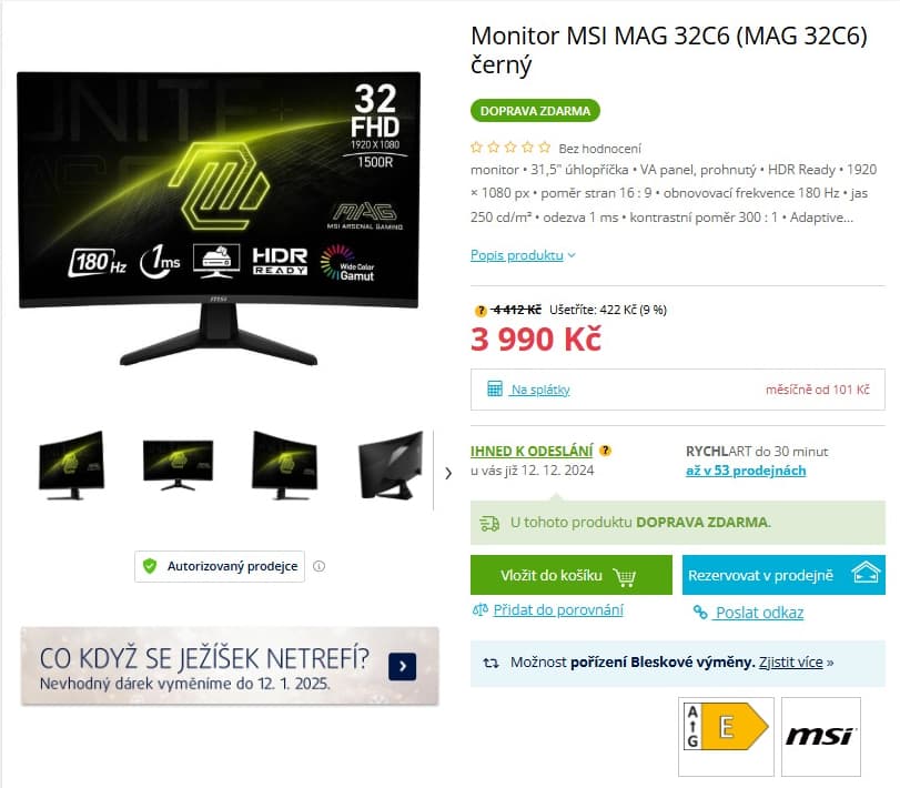 FHD PC monitor MSI 31,5", zakřivený, 16:9