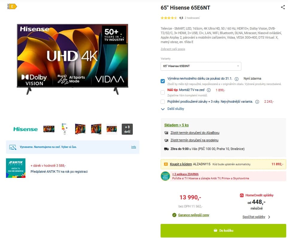4K Smart TV, 165 cm, Hisense
