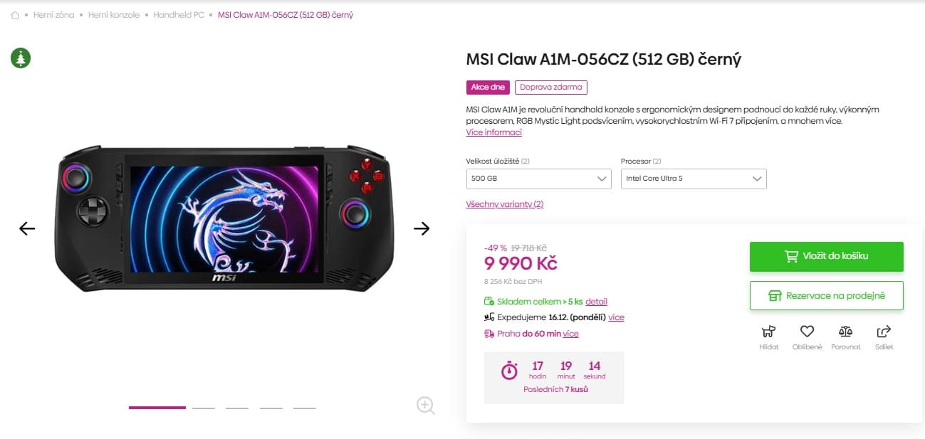 Herní konzole MSI Claw 4,6GHz, 7", 16GB RAM