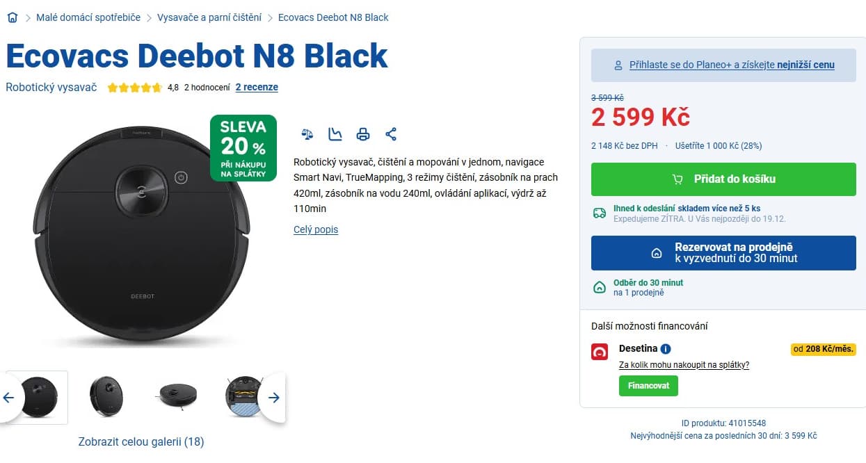 Robot vysavač/mop Ecovacs, 9,36 cm